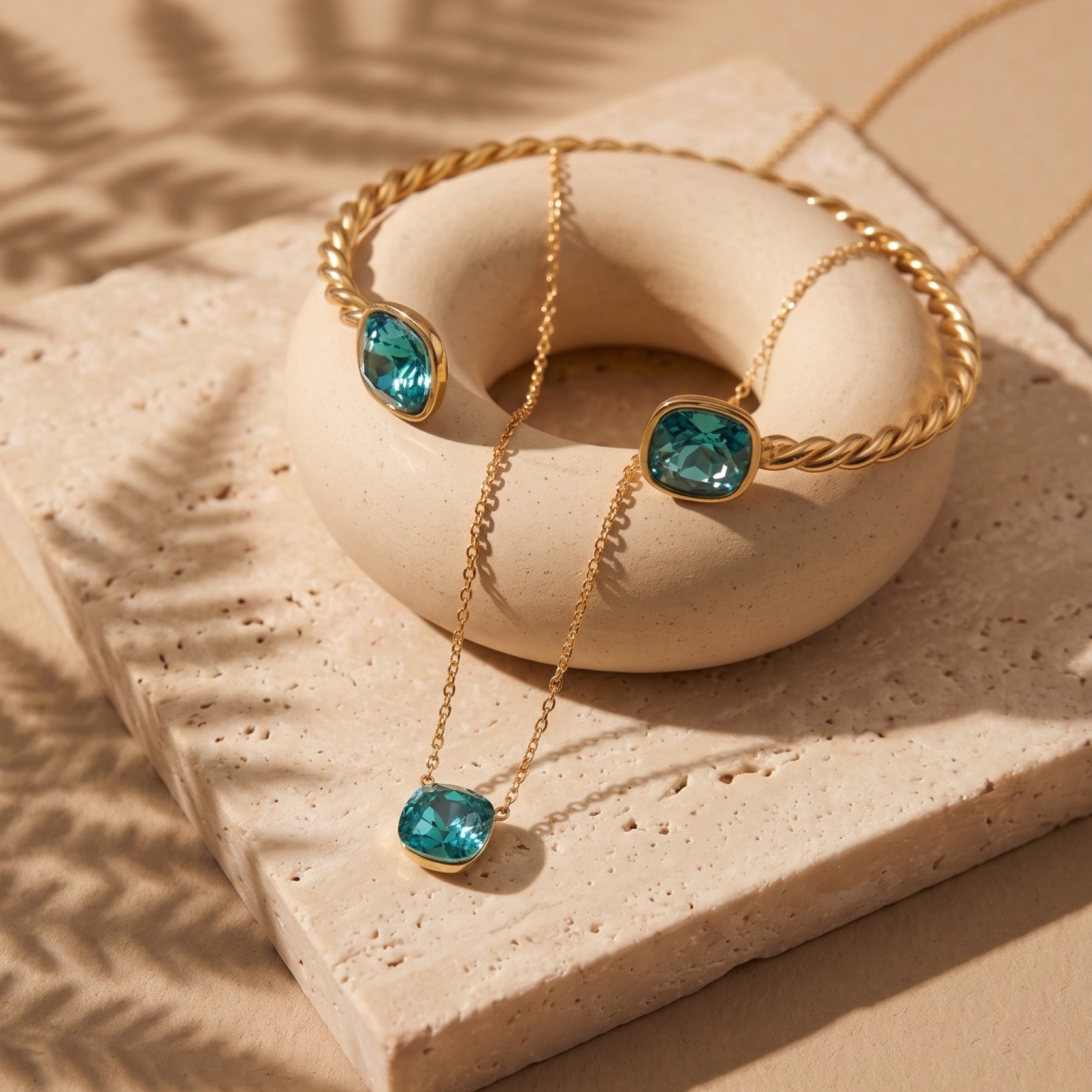Set SOLEIL Turquoise — bracelet et collier cristal turquoise doré