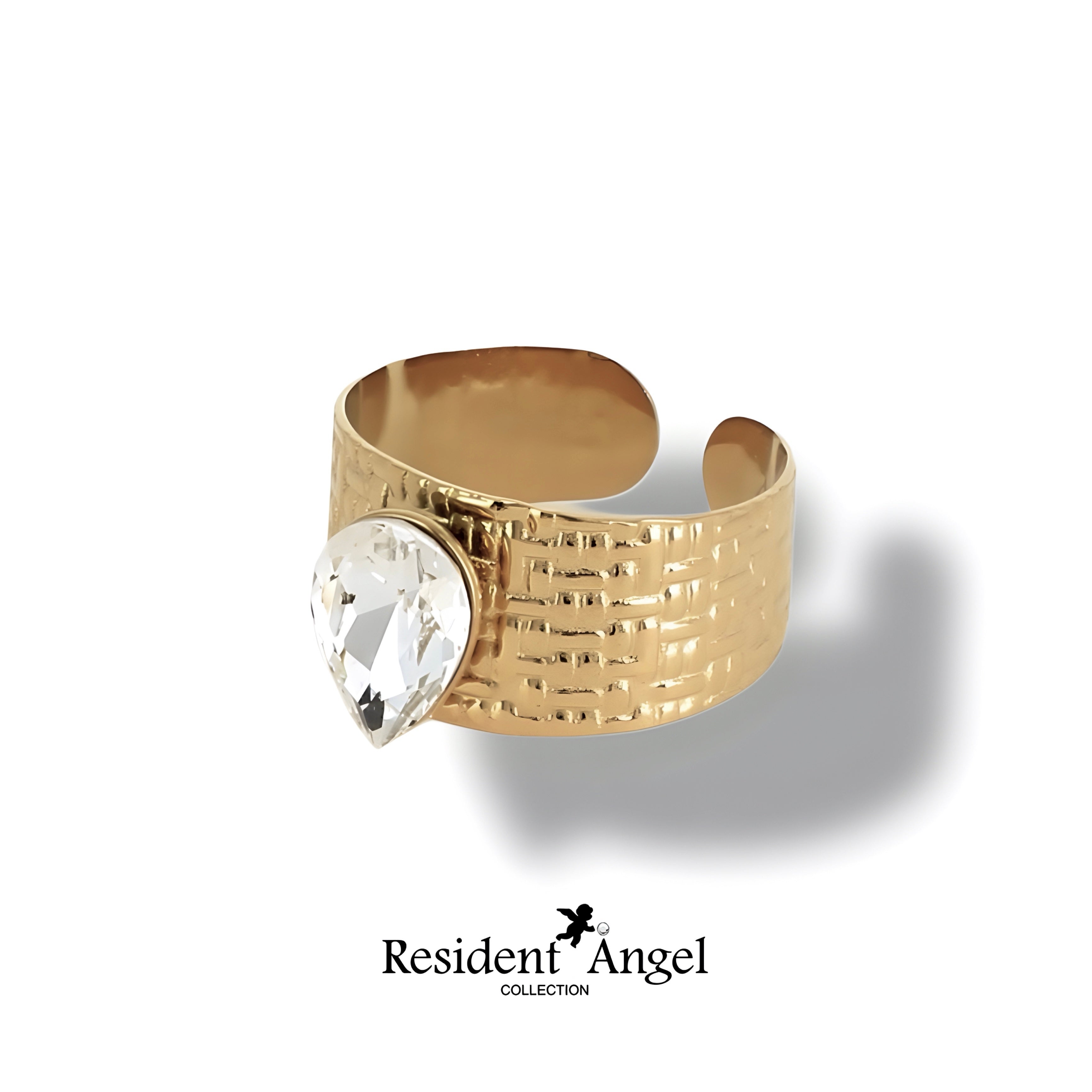 Bague DROP Crystal – Manchette Acier Doré & Cristal Goutte