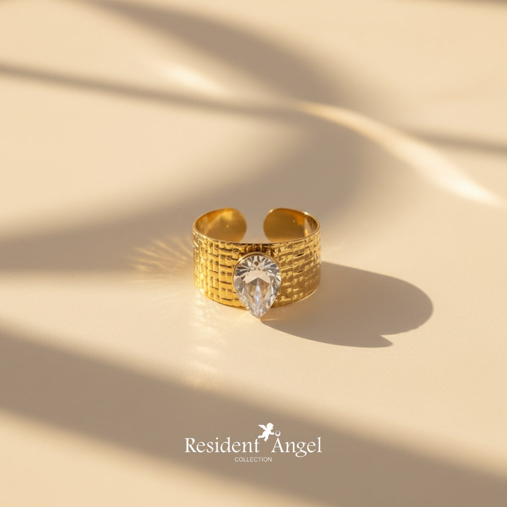 Bague DROP Crystal – Manchette Acier Doré & Cristal Goutte