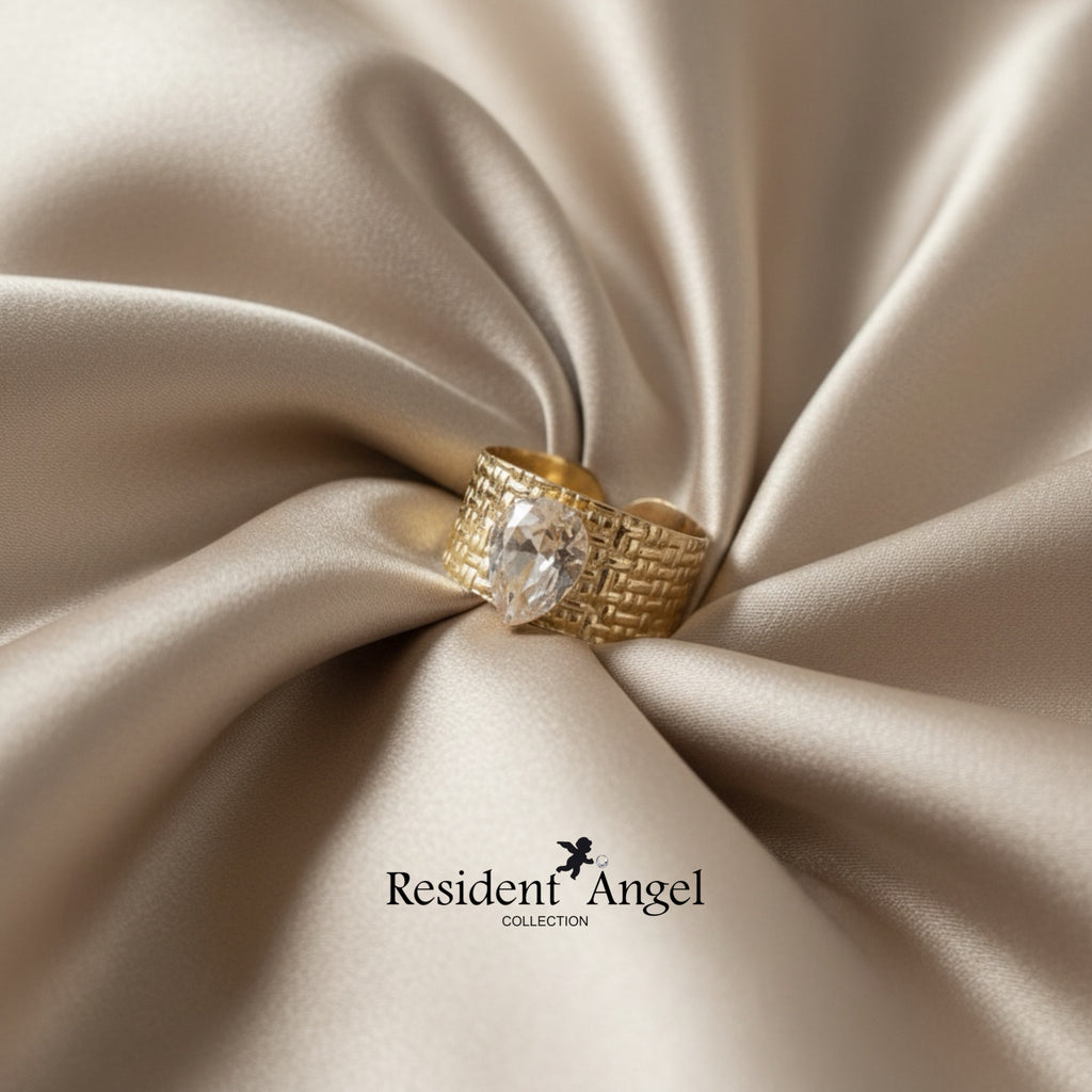 Bague DROP Crystal – Manchette Acier Doré & Cristal Goutte