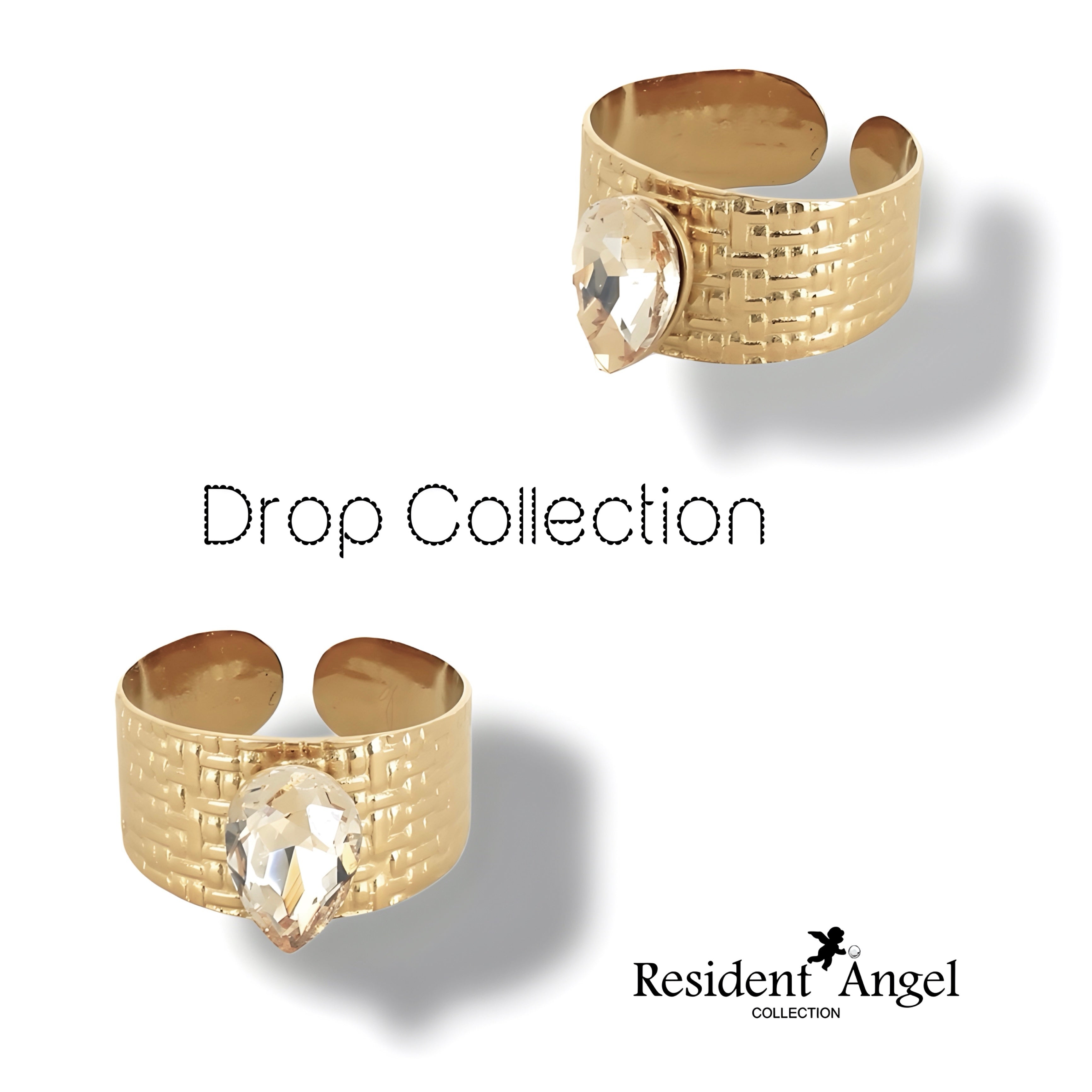 Bague DROP Crystal – Manchette Acier Doré & Cristal Goutte